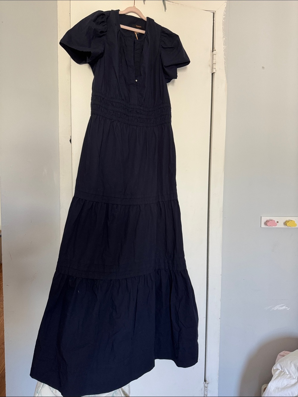 Quince navy blue  Tiered Maxi Dress with Puff Sleeves